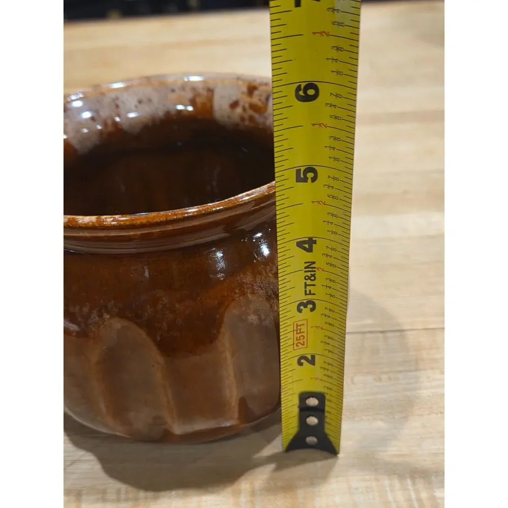 Vintage Hull Pottery Drip Glaze Brown Ribbed Pumpkin Planter Pot 5.25